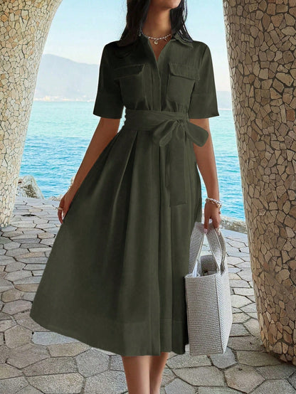 Unadoll Women's Autumn Olive Green Shirt Midi Dress, Short Sleeve Pocket Self-Tie Waist A-Line Skirt Elegant