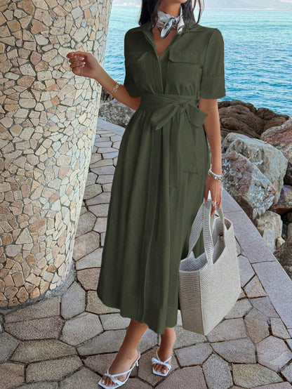 Unadoll Women's Autumn Olive Green Shirt Midi Dress, Short Sleeve Pocket Self-Tie Waist A-Line Skirt Elegant