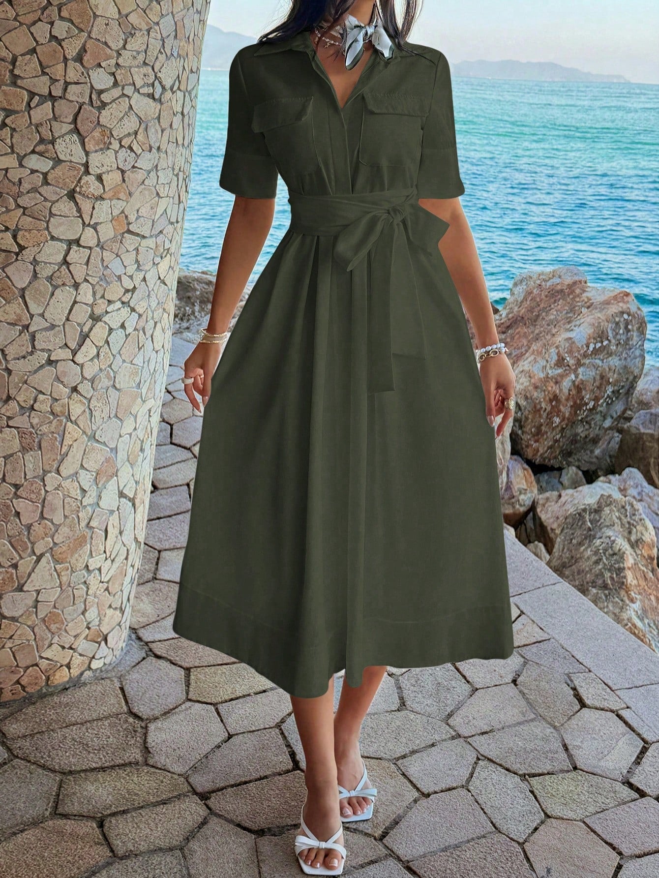 Unadoll Women's Autumn Olive Green Shirt Midi Dress, Short Sleeve Pocket Self-Tie Waist A-Line Skirt Elegant