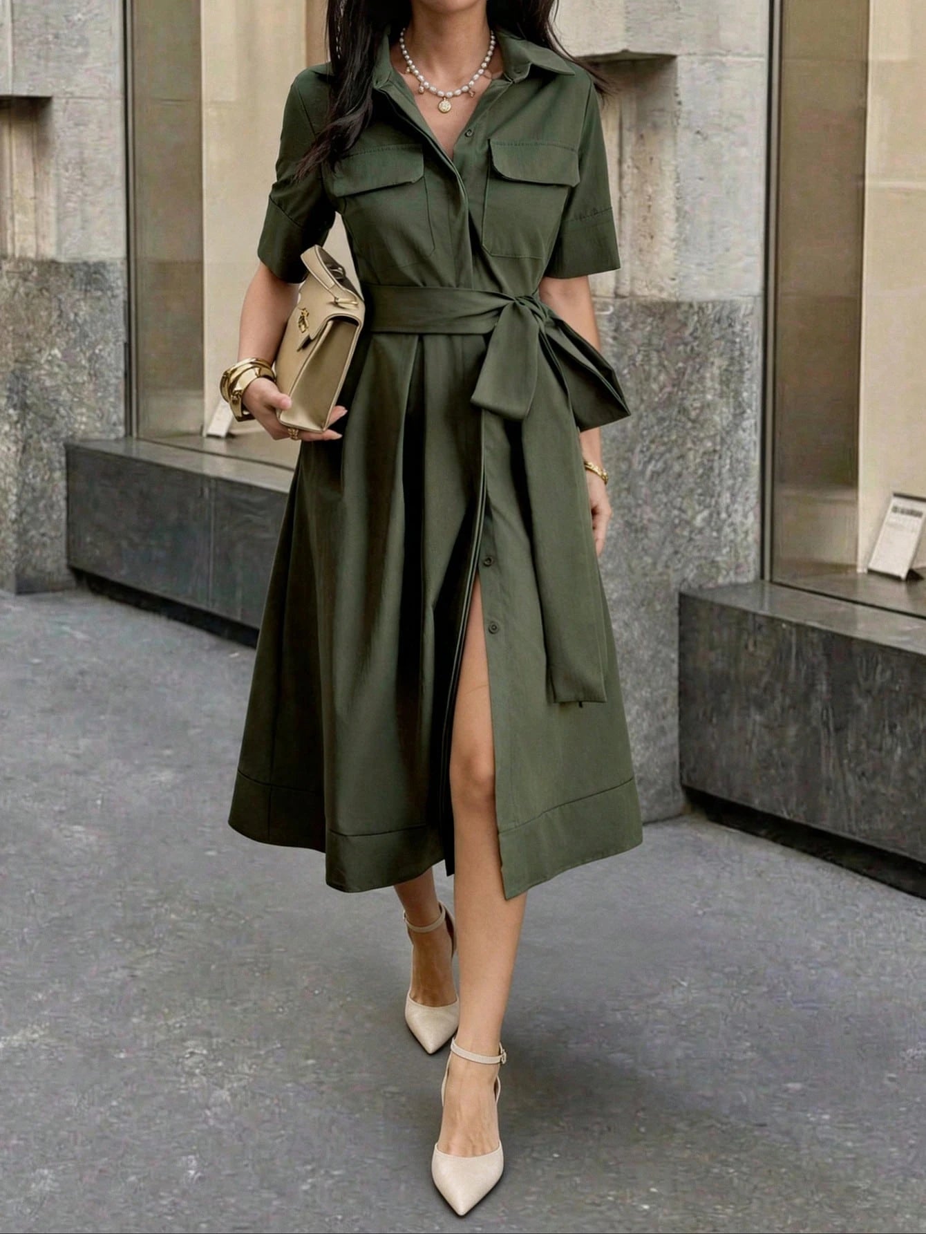 Unadoll Women's Autumn Olive Green Shirt Midi Dress, Short Sleeve Pocket Self-Tie Waist A-Line Skirt Elegant