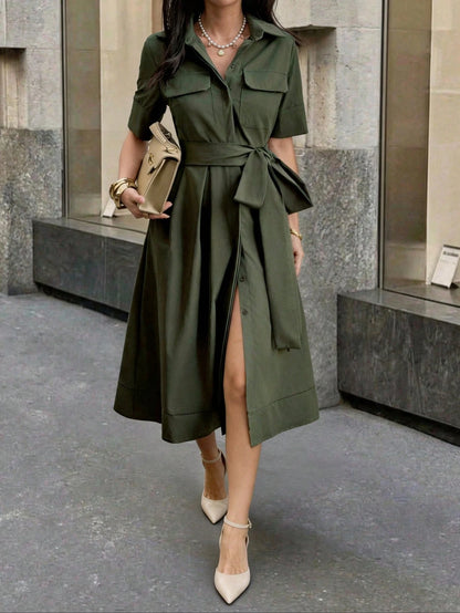 Unadoll Women's Autumn Olive Green Shirt Midi Dress, Short Sleeve Pocket Self-Tie Waist A-Line Skirt Elegant