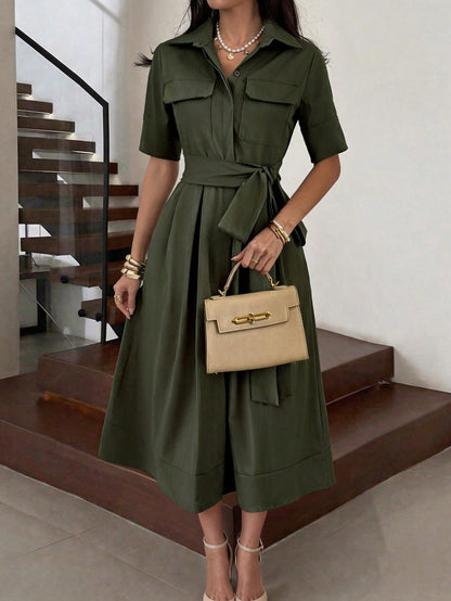 Unadoll Women's Autumn Olive Green Shirt Midi Dress, Short Sleeve Pocket Self-Tie Waist A-Line Skirt Elegant