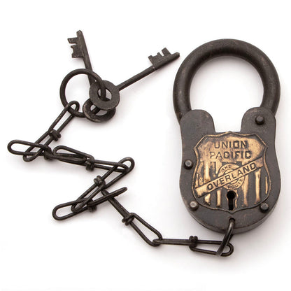 Iron Union Pacific Overland Railroad Lock is over 5" long, includes 2 keys with a chain