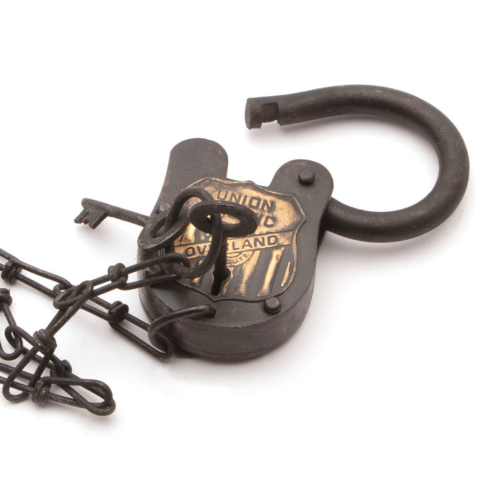 Iron Union Pacific Overland Railroad Lock is over 5" long, includes 2 keys with a chain