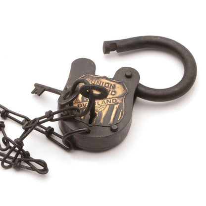 Iron Union Pacific Overland Railroad Lock is over 5" long, includes 2 keys with a chain
