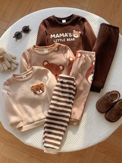 Unisex Baby Boy/Girl Baby Boy 3 Sets Autumn/Winter Casual Cute Bear & Parent-Child Slogan Graphic Sweatshirt Outfit Set, Multi-Piece Pack, Infant Boy Clothing Set, Infant Boy Autumn/Winter Clothes, So