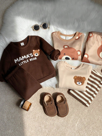 Unisex Baby Boy/Girl Baby Boy 3 Sets Autumn/Winter Casual Cute Bear & Parent-Child Slogan Graphic Sweatshirt Outfit Set, Multi-Piece Pack, Infant Boy Clothing Set, Infant Boy Autumn/Winter Clothes, So