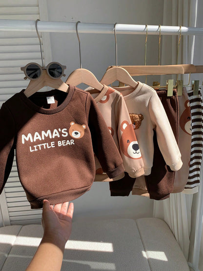 Unisex Baby Boy/Girl Baby Boy 3 Sets Autumn/Winter Casual Cute Bear & Parent-Child Slogan Graphic Sweatshirt Outfit Set, Multi-Piece Pack, Infant Boy Clothing Set, Infant Boy Autumn/Winter Clothes, So