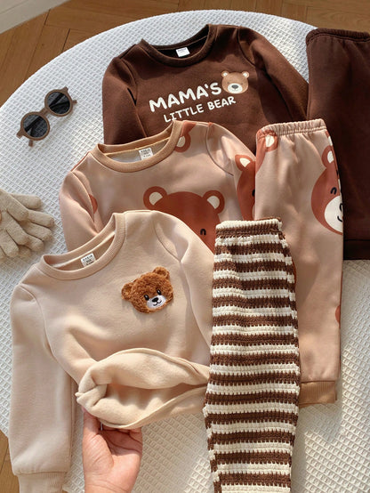 Unisex Baby Boy/Girl Baby Boy 3 Sets Autumn/Winter Casual Cute Bear & Parent-Child Slogan Graphic Sweatshirt Outfit Set, Multi-Piece Pack, Infant Boy Clothing Set, Infant Boy Autumn/Winter Clothes, So