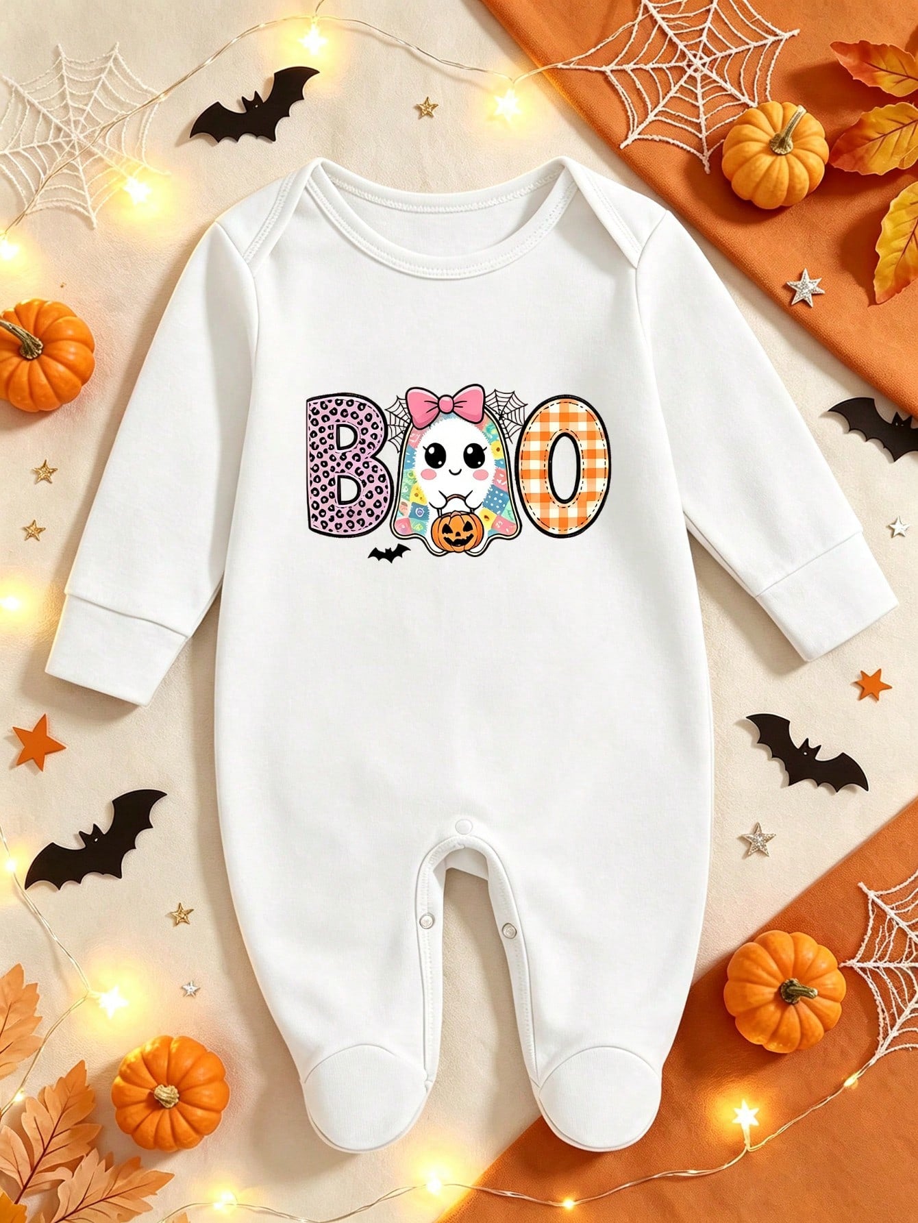 Unisex Baby Footed Romper Boo Cute Ghost Pumpkin Leopard Plaid Letter Print Newborn Footie Jumpsuit Infant Autumn One Piece Outfit