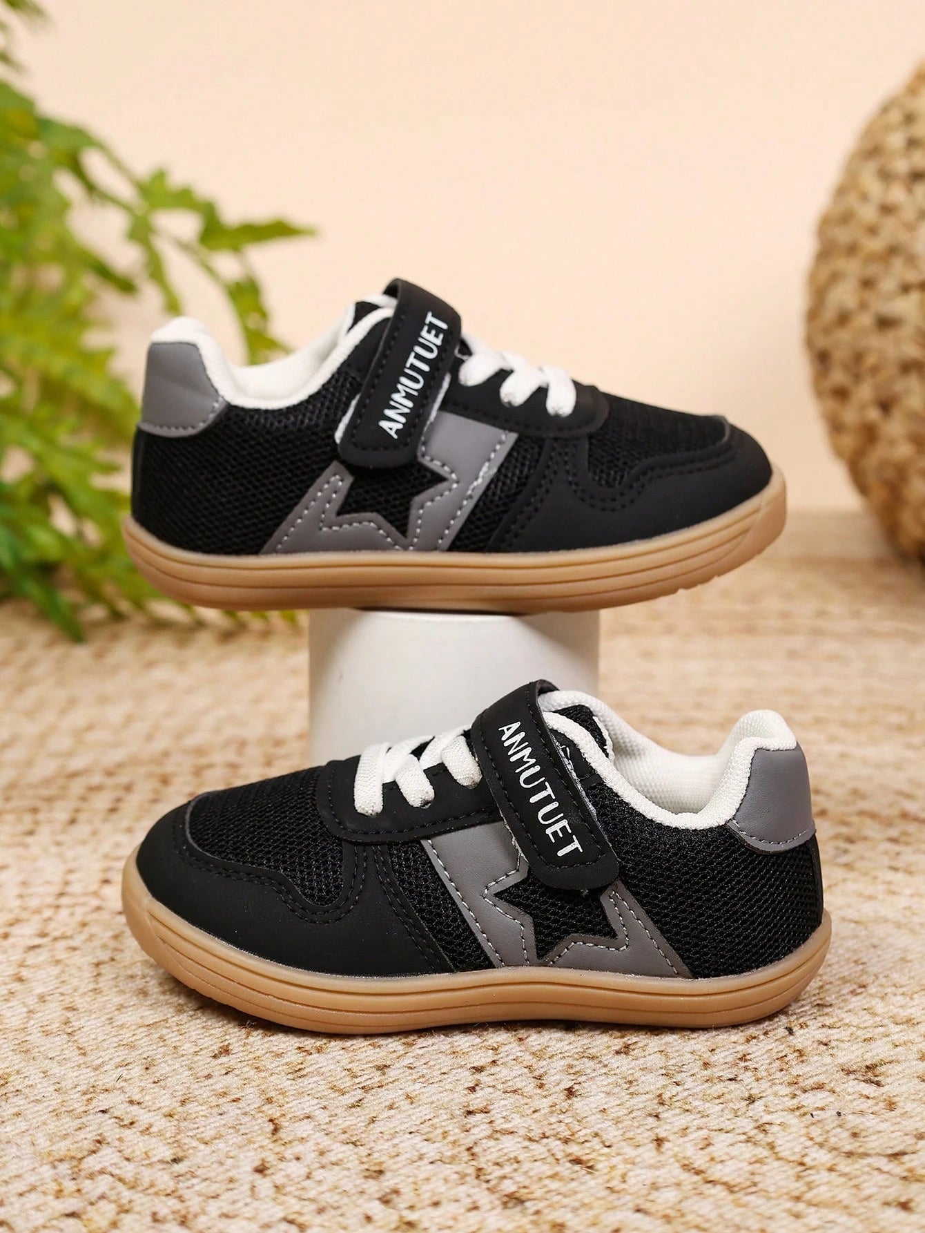 Unisex Kids' Versatile Star Design Training Sneakers, Black Mesh With Grey Stars, Wide Fit, Hook And Loop Closure, Gum Rubber Durable Sole, Comfortable Everyday Shoes
