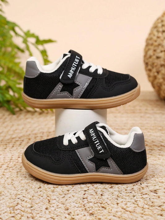 Unisex Kids' Versatile Star Design Training Sneakers, Black Mesh With Grey Stars, Wide Fit, Hook And Loop Closure, Gum Rubber Durable Sole, Comfortable Everyday Shoes