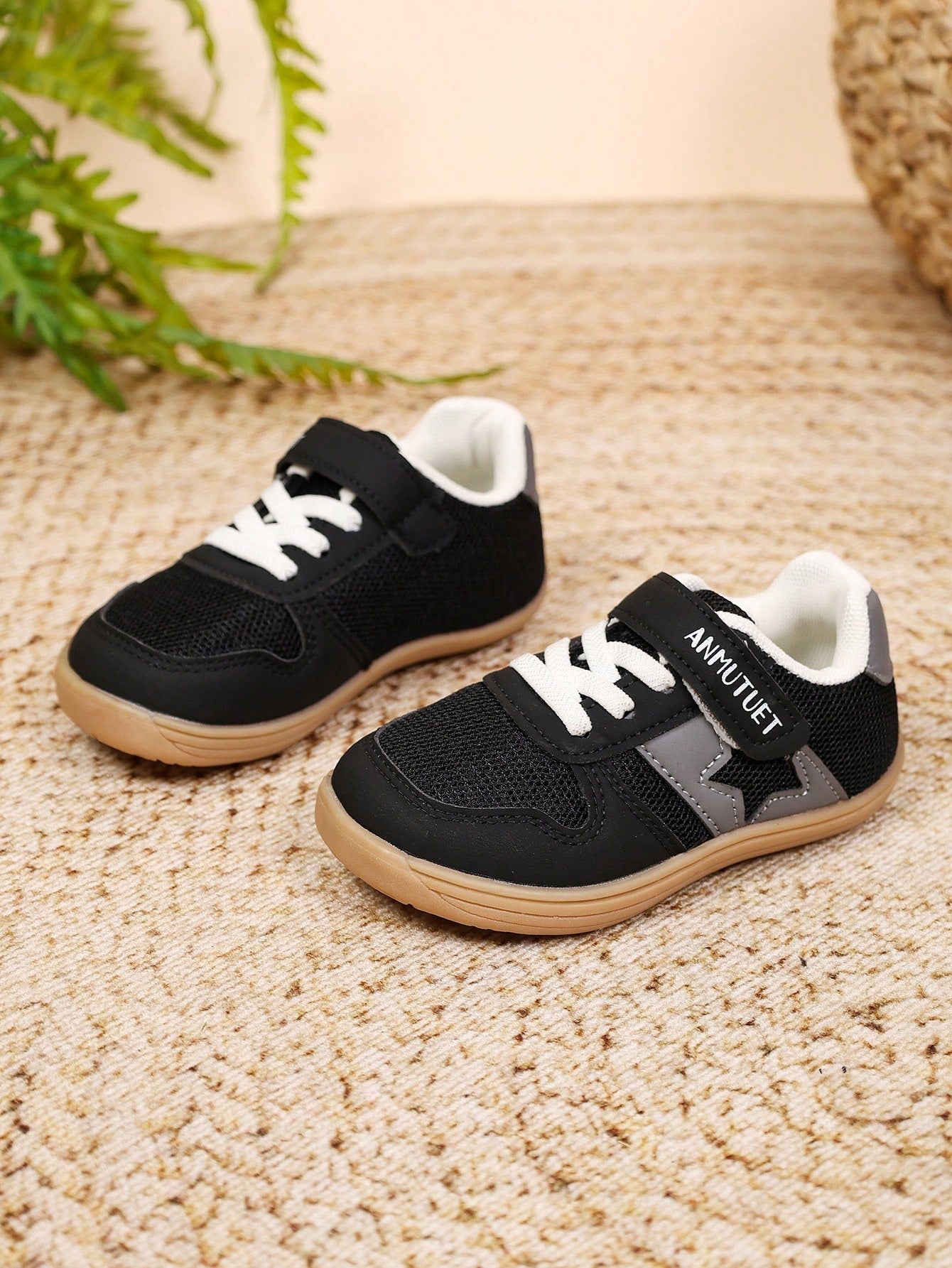Unisex Kids' Versatile Star Design Training Sneakers, Black Mesh With Grey Stars, Wide Fit, Hook And Loop Closure, Gum Rubber Durable Sole, Comfortable Everyday Shoes