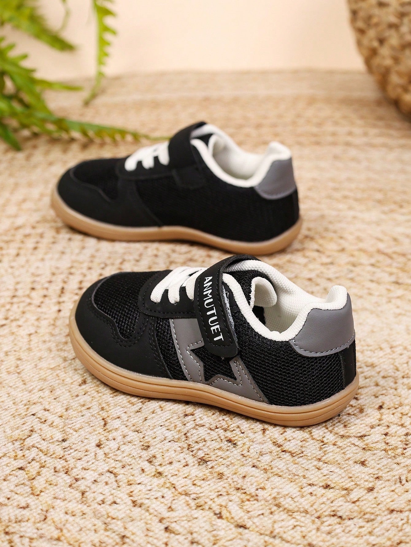 Unisex Kids' Versatile Star Design Training Sneakers, Black Mesh With Grey Stars, Wide Fit, Hook And Loop Closure, Gum Rubber Durable Sole, Comfortable Everyday Shoes