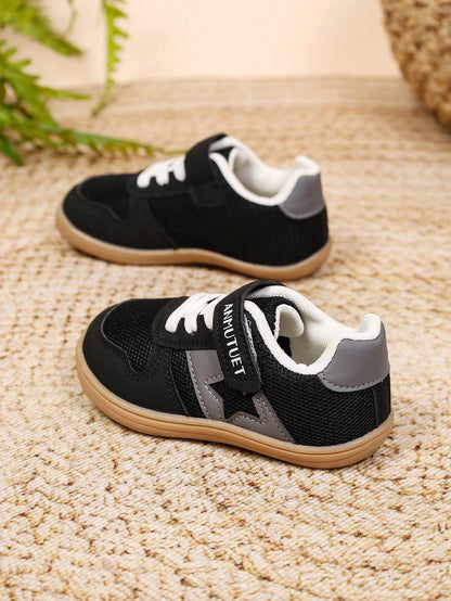 Unisex Kids' Versatile Star Design Training Sneakers, Black Mesh With Grey Stars, Wide Fit, Hook And Loop Closure, Gum Rubber Durable Sole, Comfortable Everyday Shoes