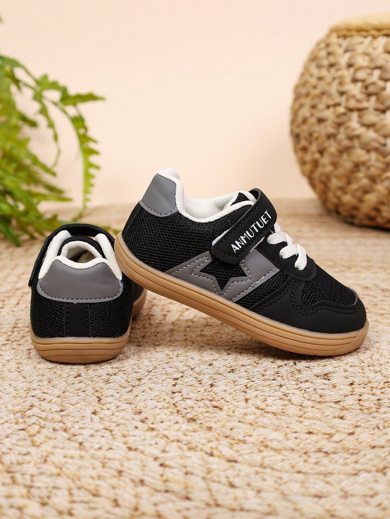Unisex Kids' Versatile Star Design Training Sneakers, Black Mesh With Grey Stars, Wide Fit, Hook And Loop Closure, Gum Rubber Durable Sole, Comfortable Everyday Shoes