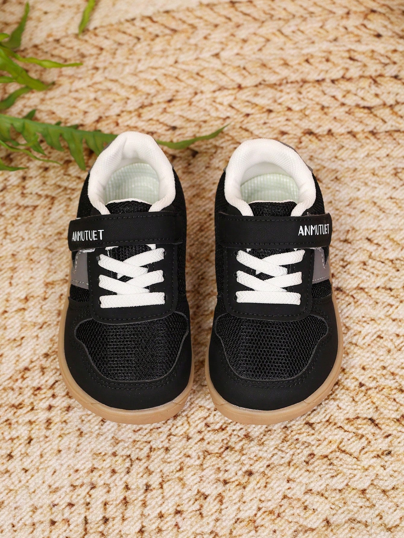 Unisex Kids' Versatile Star Design Training Sneakers, Black Mesh With Grey Stars, Wide Fit, Hook And Loop Closure, Gum Rubber Durable Sole, Comfortable Everyday Shoes