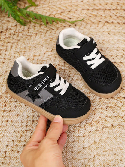 Unisex Kids' Versatile Star Design Training Sneakers, Black Mesh With Grey Stars, Wide Fit, Hook And Loop Closure, Gum Rubber Durable Sole, Comfortable Everyday Shoes