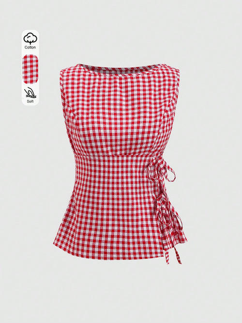 Unity Retro Plaid Round Neck Design Sense College Style Sexy Girl Sleeveless Shirt, Summer New Tie-Up Slim Fit Delicate Girly Sweet Blouse For Women