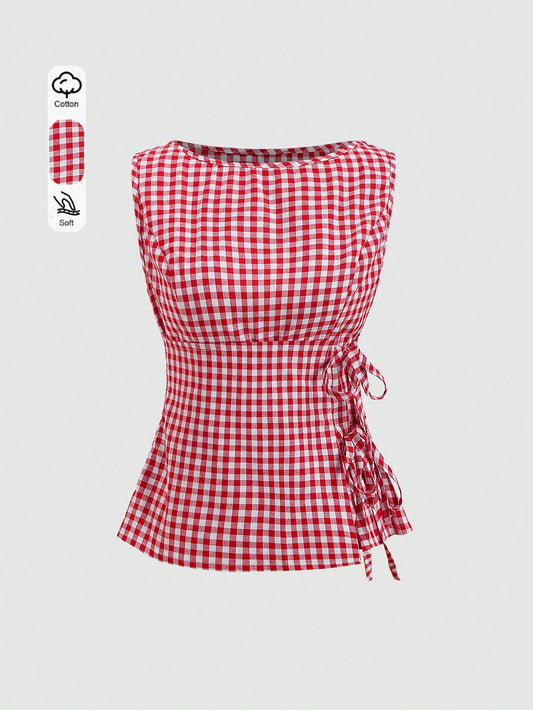 Unity Retro Plaid Round Neck Design Sense College Style Sexy Girl Sleeveless Shirt, Summer New Tie-Up Slim Fit Delicate Girly Sweet Blouse For Women