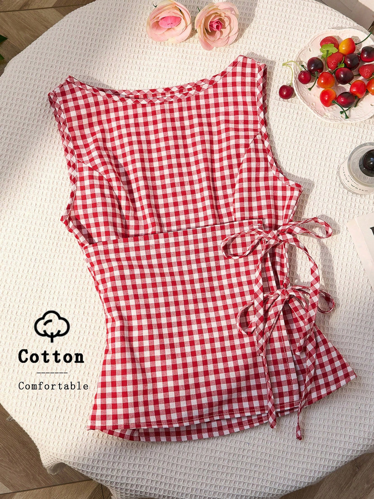Unity Retro Plaid Round Neck Design Sense College Style Sexy Girl Sleeveless Shirt, Summer New Tie-Up Slim Fit Delicate Girly Sweet Blouse For Women