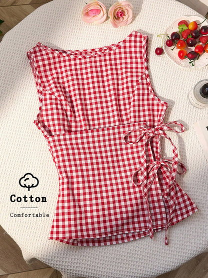 Unity Retro Plaid Round Neck Design Sense College Style Sexy Girl Sleeveless Shirt, Summer New Tie-Up Slim Fit Delicate Girly Sweet Blouse For Women