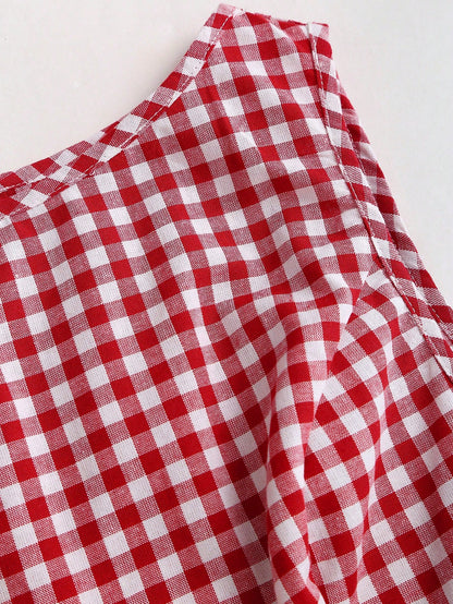 Unity Retro Plaid Round Neck Design Sense College Style Sexy Girl Sleeveless Shirt, Summer New Tie-Up Slim Fit Delicate Girly Sweet Blouse For Women