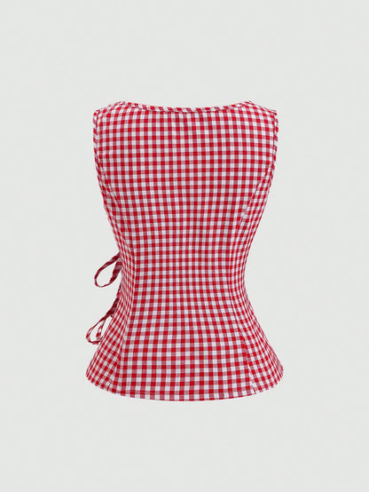Unity Retro Plaid Round Neck Design Sense College Style Sexy Girl Sleeveless Shirt, Summer New Tie-Up Slim Fit Delicate Girly Sweet Blouse For Women