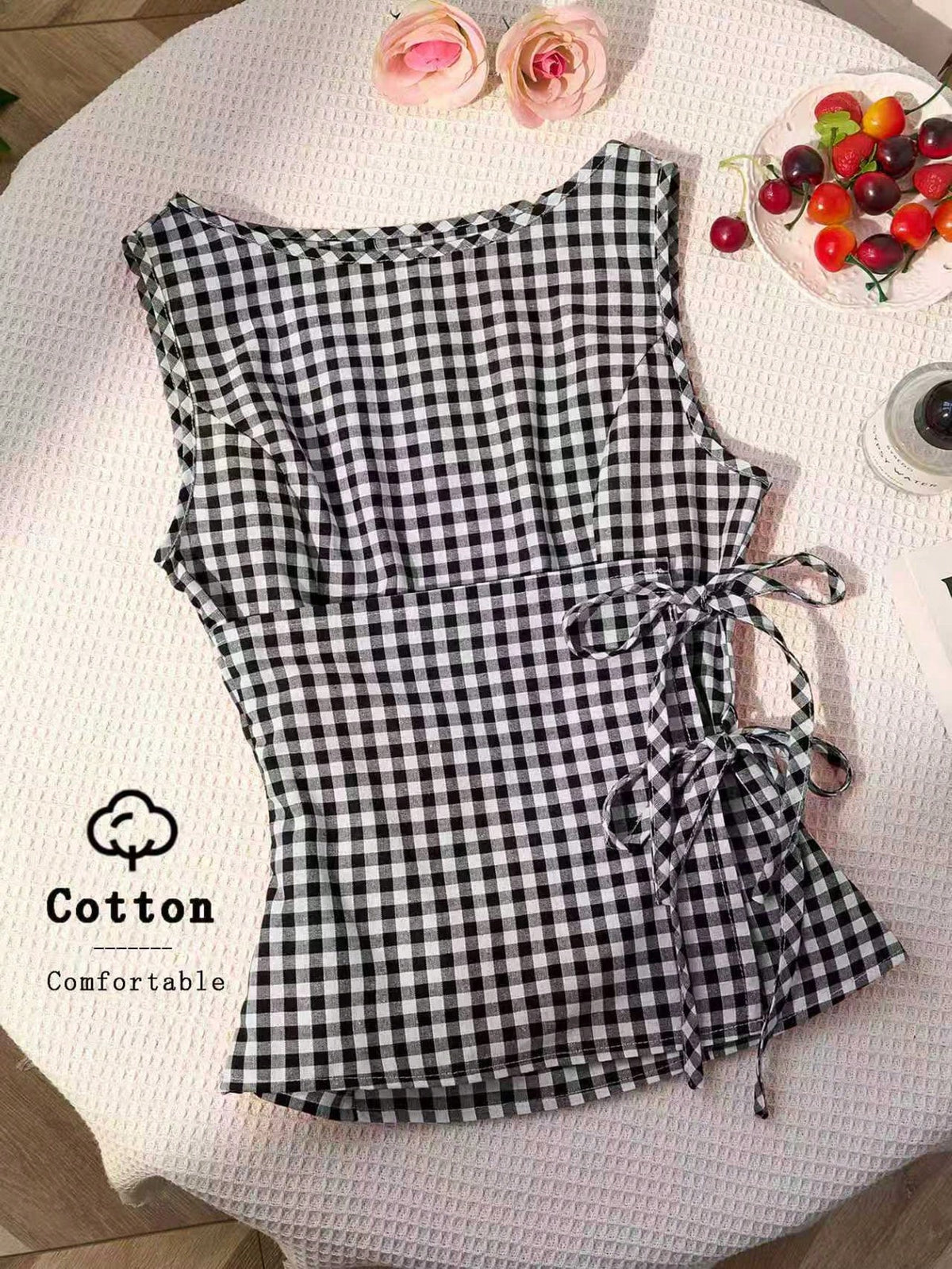 Unity Retro Plaid Round Neck Design Sense College Style Sexy Girl Sleeveless Shirt, Summer New Tie-Up Slim Fit Delicate Girly Sweet Blouse For Women