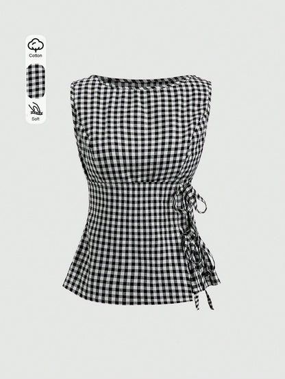 Unity Retro Plaid Round Neck Design Sense College Style Sexy Girl Sleeveless Shirt, Summer New Tie-Up Slim Fit Delicate Girly Sweet Blouse For Women