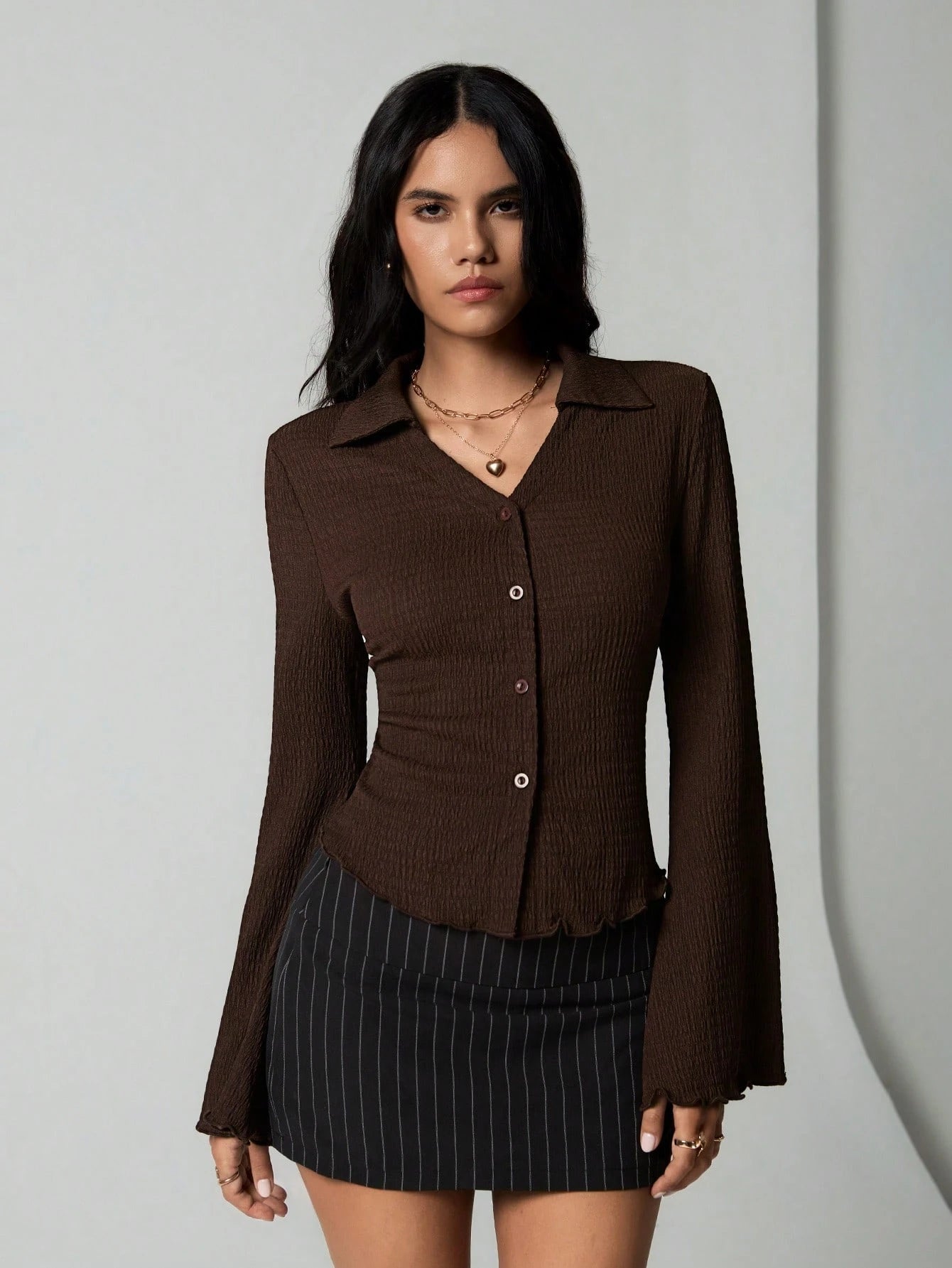 Unity Women's Solid Color Single-Breasted Casual Flared Sleeve Blouse, Spring And Summer, Fall Clothes Women Shirt