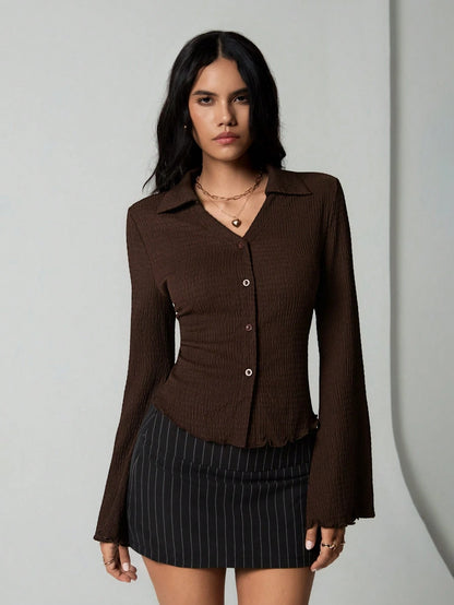 Unity Women's Solid Color Single-Breasted Casual Flared Sleeve Blouse, Spring And Summer, Fall Clothes Women Shirt