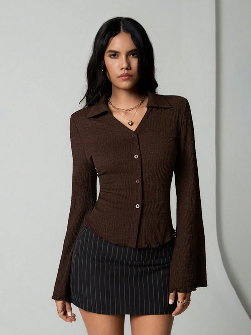 Unity Women's Solid Color Single-Breasted Casual Flared Sleeve Blouse, Spring And Summer, Fall Clothes Women Shirt
