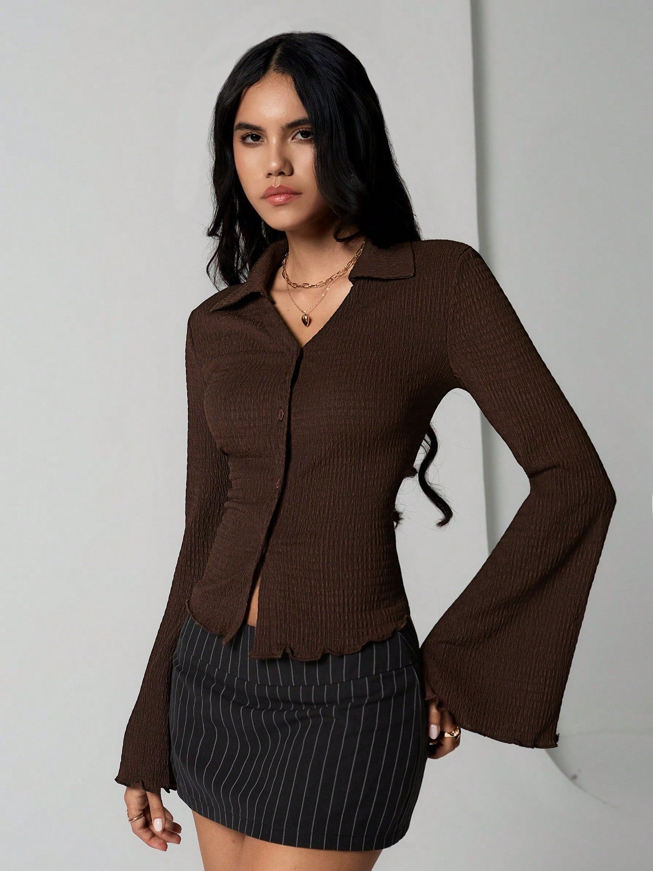 Unity Women's Solid Color Single-Breasted Casual Flared Sleeve Blouse, Spring And Summer, Fall Clothes Women Shirt