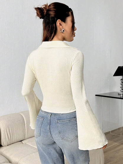 Unity Women's Solid Color Single-Breasted Casual Flared Sleeve Blouse, Spring And Summer, Fall Clothes Women Shirt