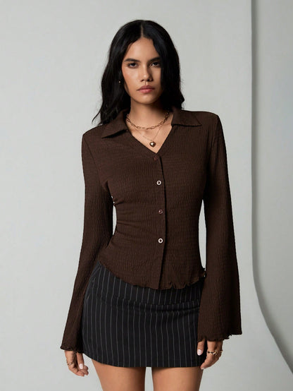 Unity Women's Solid Color Single-Breasted Casual Flared Sleeve Blouse, Spring And Summer, Fall Clothes Women Shirt