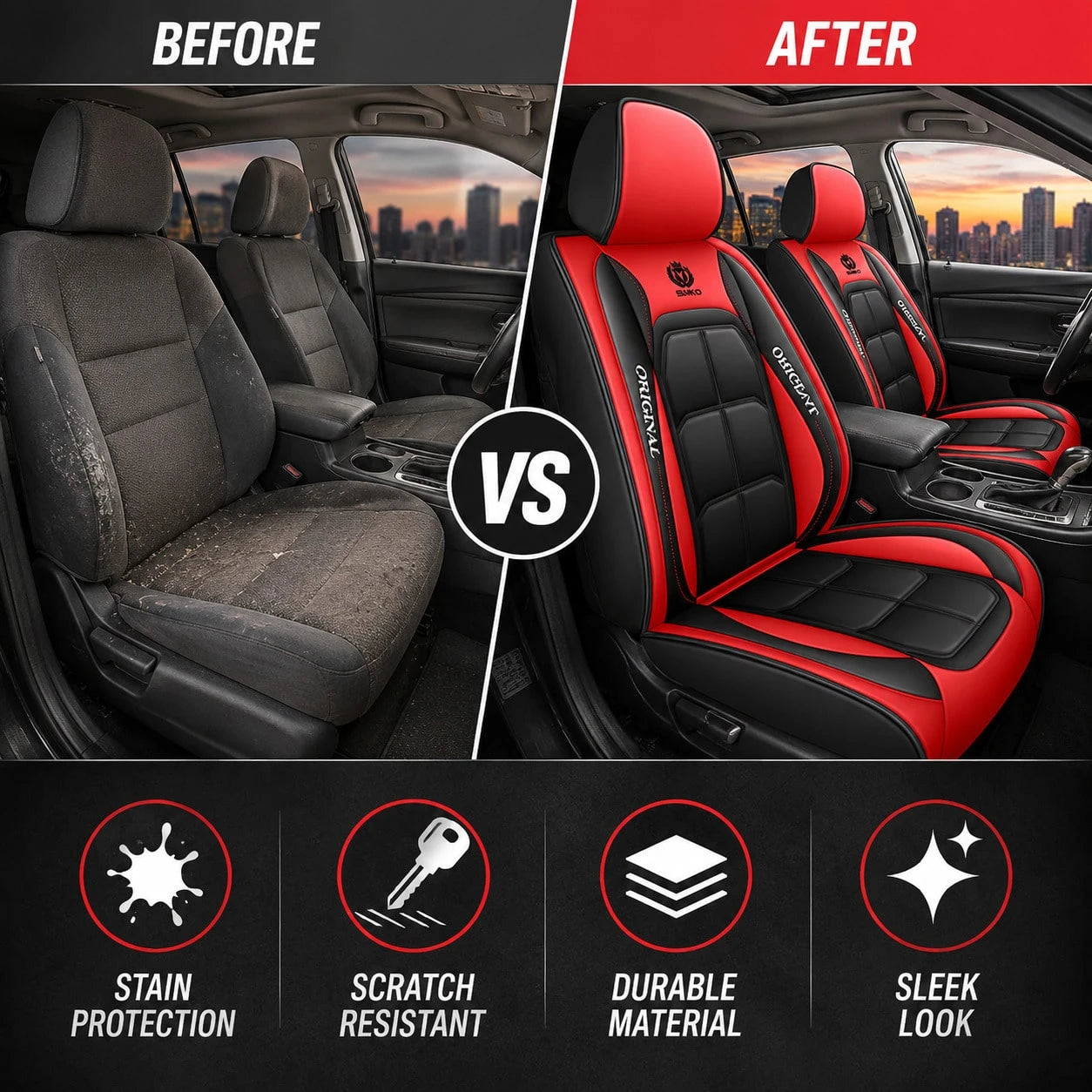Universal Car Seat Covers, Full Surround Design, Stain & Wear Resistant To Protect Original Seats. Simple Style, Easy To Install And Clean. Colors: Black/Gray/Brown/Black Red/Pink/Orange Standard