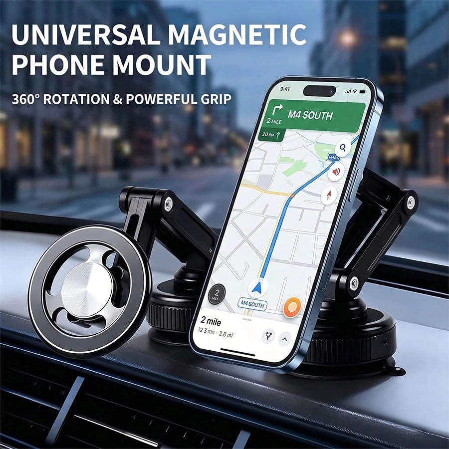 Universal Magnetic Car Phone Holder With Suction Cup Base, 360° Free Rotation Foldable Design, Strong Adsorption, Suitable For Car Dashboard, Windshield, Bathroom Glass And Office Desk
