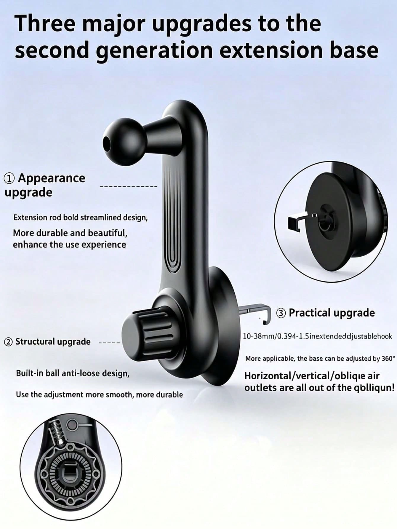 Upgraded Extended Base Car Phone Holder, Adjustable Spiral Hook, Fits Horizontal/Vertical/Diagonal Air Vents, Silicone Pad Anti-Scratch, 360° Rotation, Car Interior Phone Mount