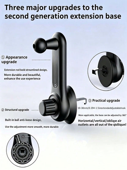 Upgraded Extended Base Car Phone Holder, Adjustable Spiral Hook, Fits Horizontal/Vertical/Diagonal Air Vents, Silicone Pad Anti-Scratch, 360° Rotation, Car Interior Phone Mount