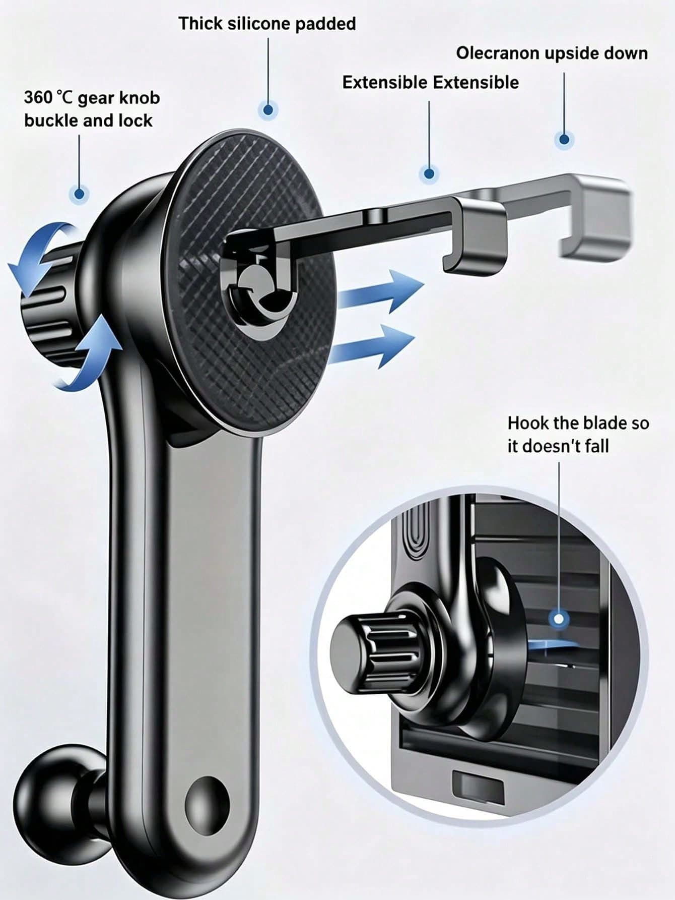 Upgraded Extended Base Car Phone Holder, Adjustable Spiral Hook, Fits Horizontal/Vertical/Diagonal Air Vents, Silicone Pad Anti-Scratch, 360° Rotation, Car Interior Phone Mount