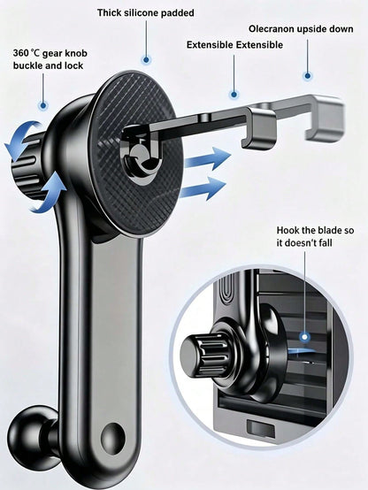 Upgraded Extended Base Car Phone Holder, Adjustable Spiral Hook, Fits Horizontal/Vertical/Diagonal Air Vents, Silicone Pad Anti-Scratch, 360° Rotation, Car Interior Phone Mount