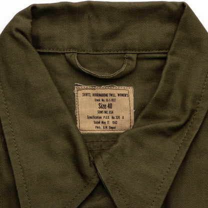 reproduction women's WWII US army uniform shirt in OD cotton twill has a reproduction inner neck tag
