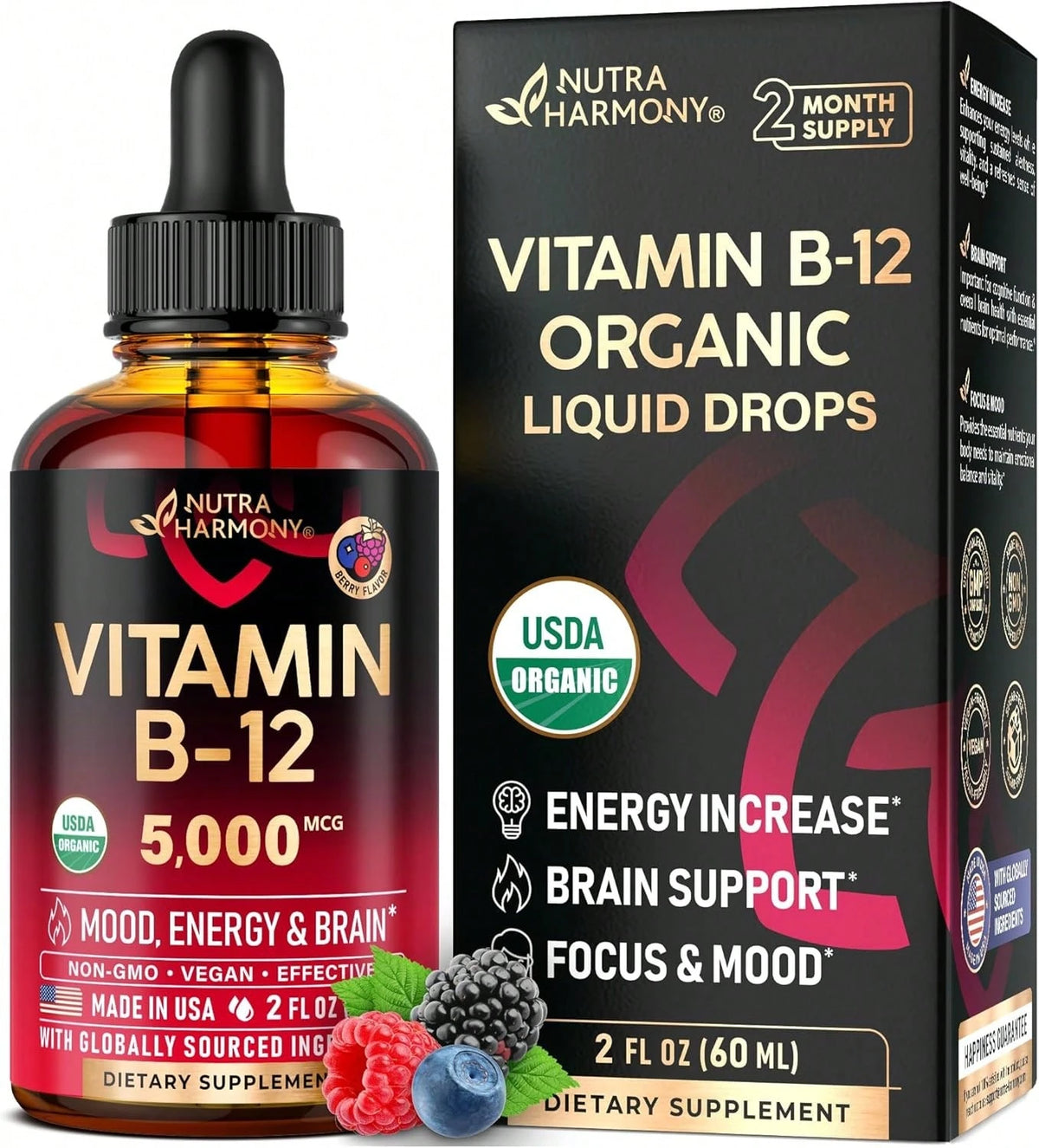 USDA Organic Vitamin B12 Sublingual Drops- 5000 Mcg Liquid Vegan Methylcobalamin For Women & Men- Energy Boost, Focus & Mood, Brain Health Support- Maximize Absorption- 2 Month Supply, 2 Fl Oz