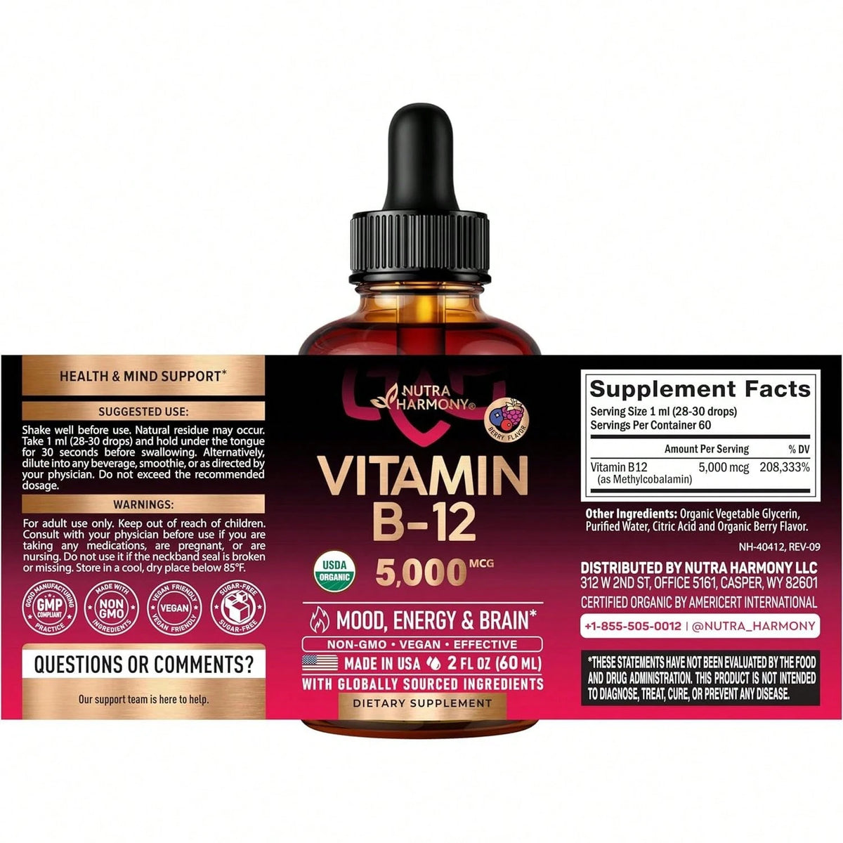 USDA Organic Vitamin B12 Sublingual Drops- 5000 Mcg Liquid Vegan Methylcobalamin For Women & Men- Energy Boost, Focus & Mood, Brain Health Support- Maximize Absorption- 2 Month Supply, 2 Fl Oz