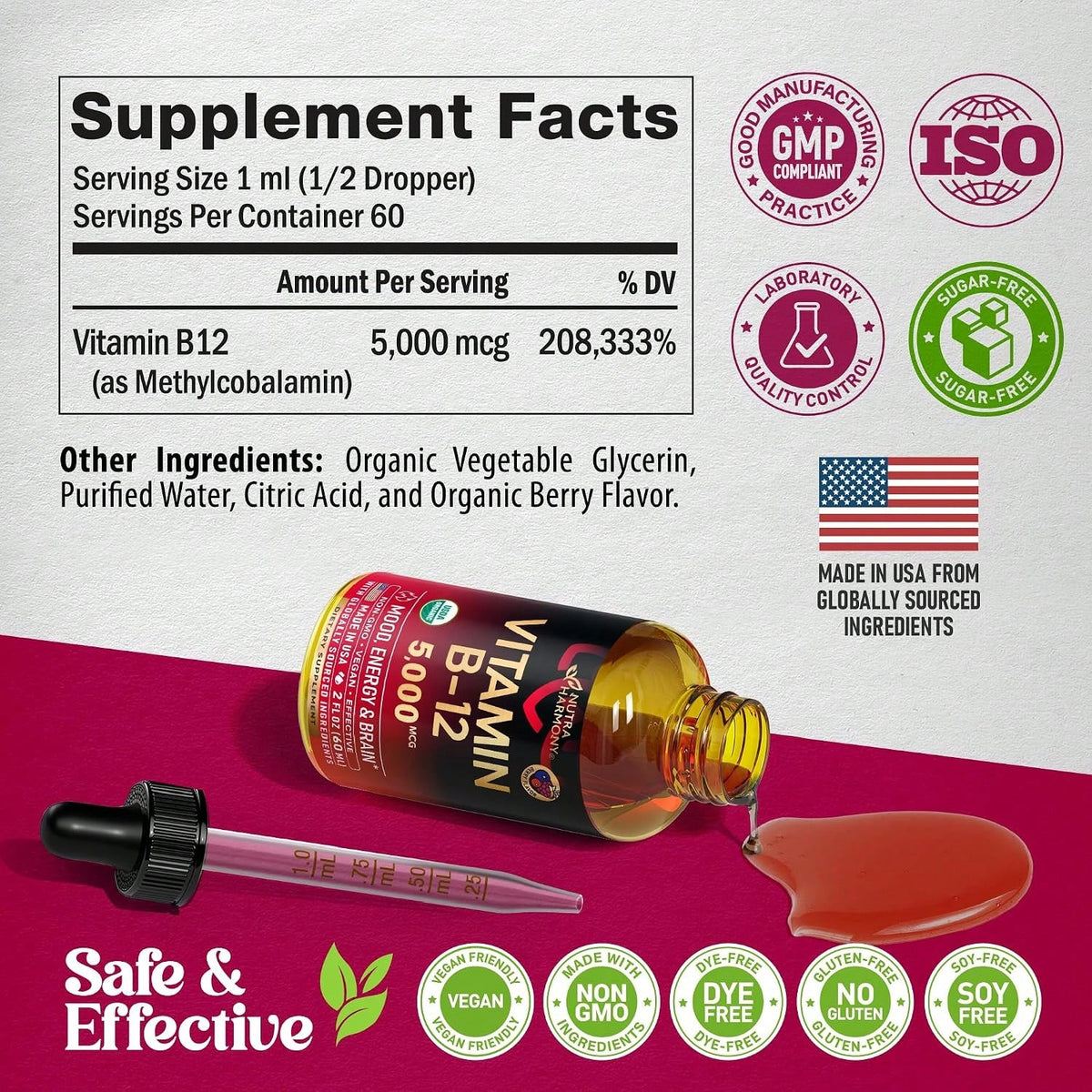 USDA Organic Vitamin B12 Sublingual Drops- 5000 Mcg Liquid Vegan Methylcobalamin For Women & Men- Energy Boost, Focus & Mood, Brain Health Support- Maximize Absorption- 2 Month Supply, 2 Fl Oz