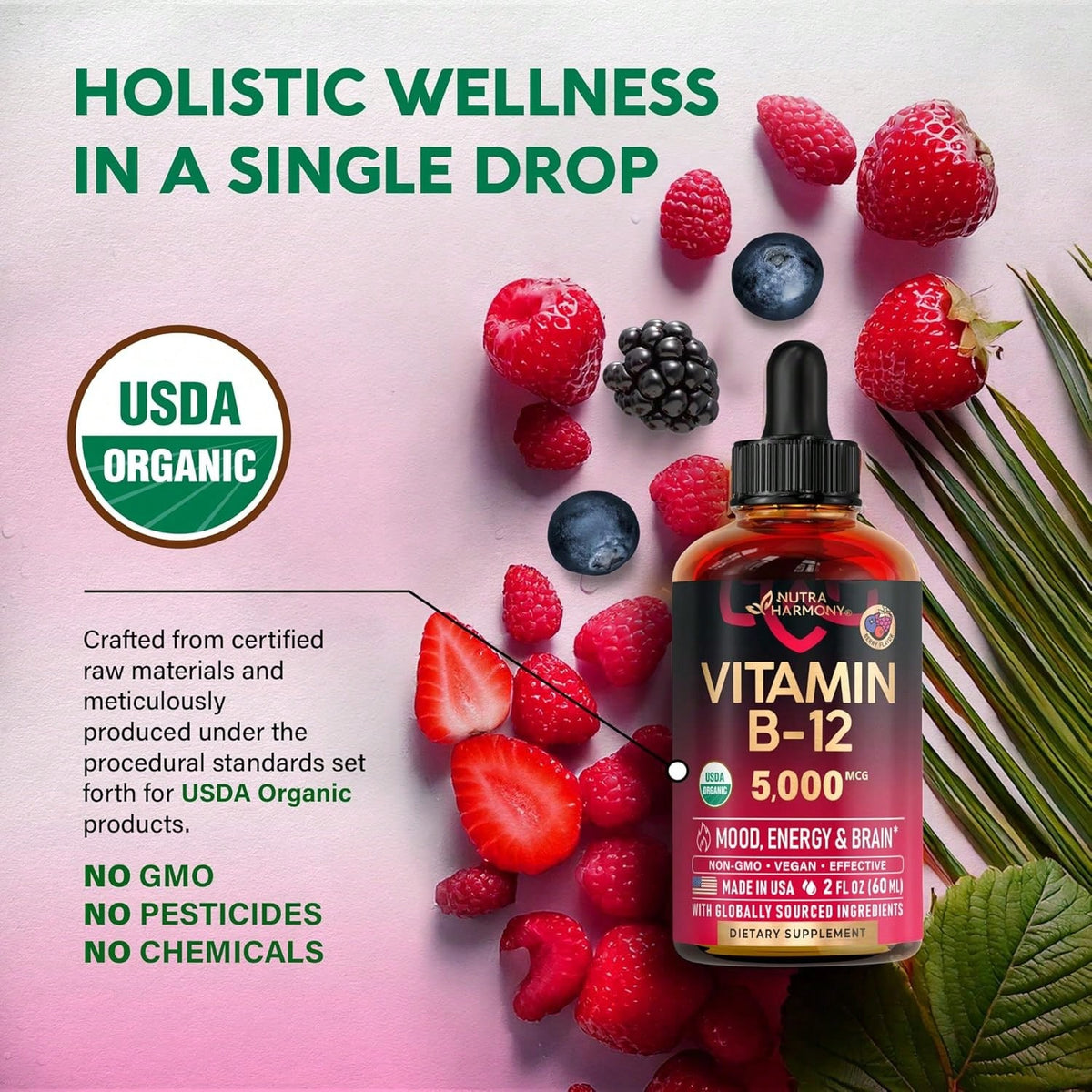USDA Organic Vitamin B12 Sublingual Drops- 5000 Mcg Liquid Vegan Methylcobalamin For Women & Men- Energy Boost, Focus & Mood, Brain Health Support- Maximize Absorption- 2 Month Supply, 2 Fl Oz