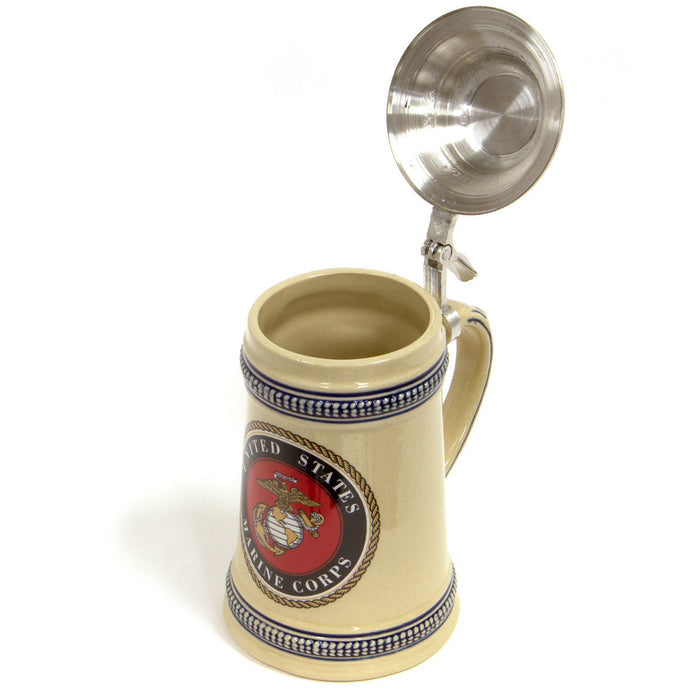 USMC Stoneware SteinÂ with Lid, pewter lid also has USMC emblem with â€œUSAâ€, stars and stripes, eagles around edges.Made in Germany