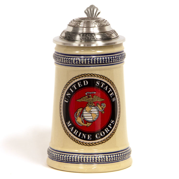 USMC Stoneware SteinÂ with Lid, pewter lid also has USMC emblem with â€œUSAâ€, stars and stripes, eagles around edges.Made in Germany