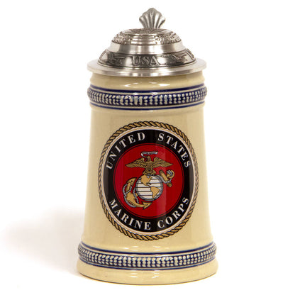 USMC Stoneware SteinÂ with Lid, pewter lid also has USMC emblem with â€œUSAâ€, stars and stripes, eagles around edges.Made in Germany